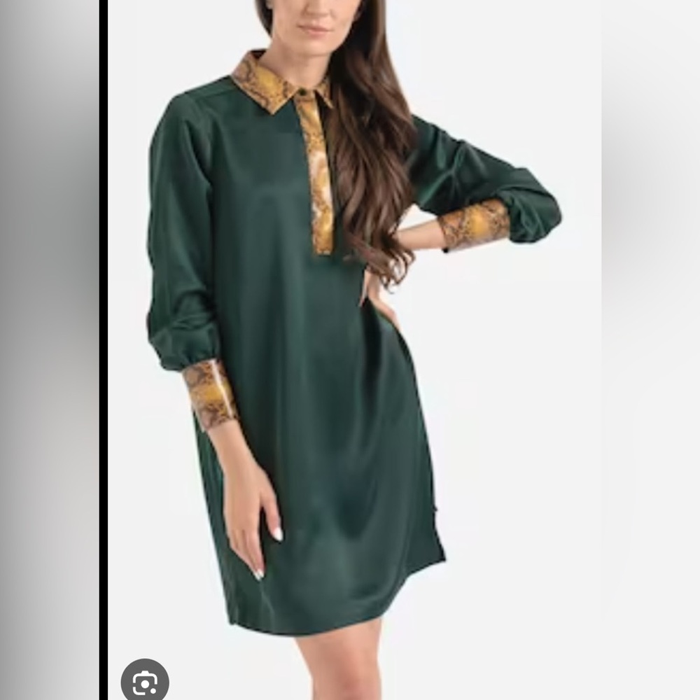 Scotch & Soda Maison Scotch hunter‎ green satin mustard snakeskin shirt dress